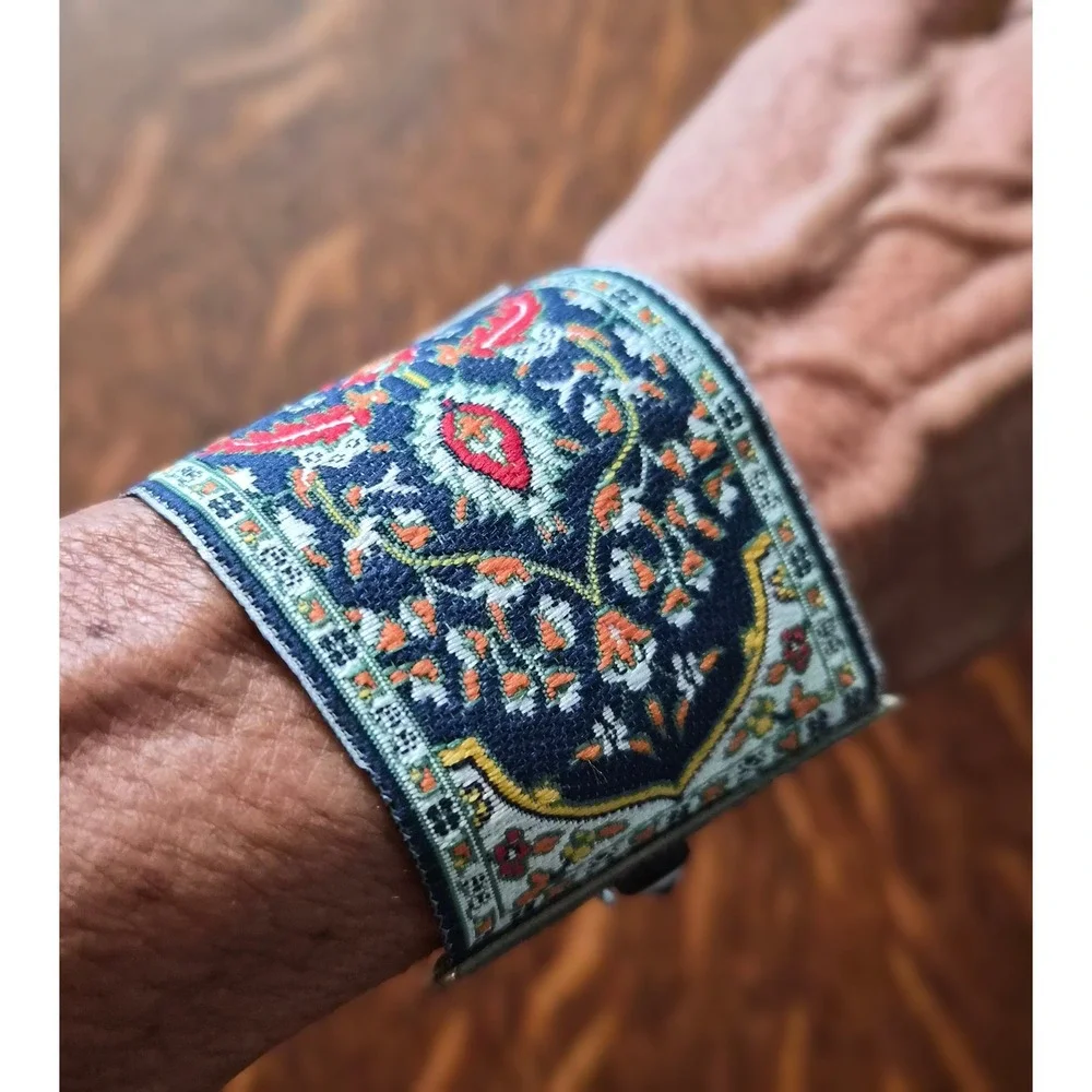 Turkish Kilim Tapestry Cuff Bracelet Evil Eye Nazar Silver Tone Boho Woven Blue
